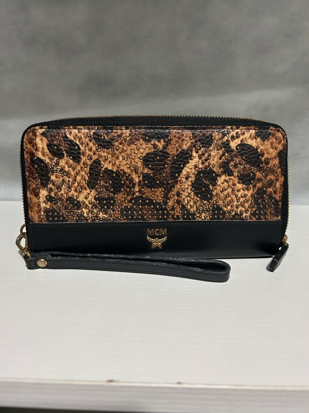 MCM Leopard Print Zip Wallet with Black Trim and Gold Hardware
